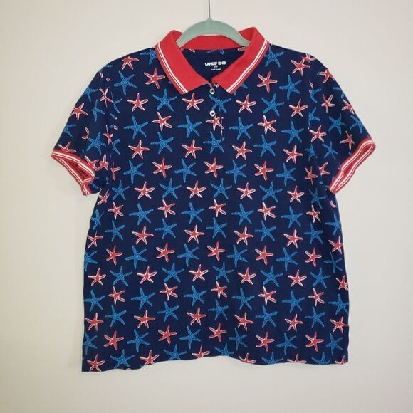 LAND'S END RED WHITE BLUE STAR FISH POLO SIZE LARGE 10/12 - Picture 1 of 4